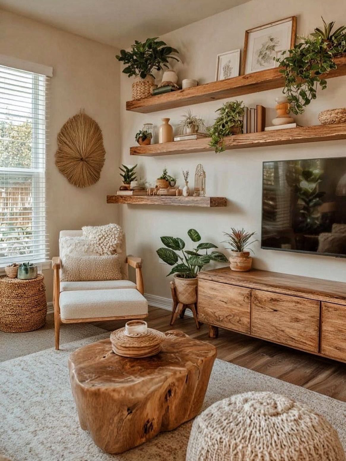 15 Living Room Natural Design Ideas with Organic Style 2 Beige living room wall with wooden floating shelves and lush green potted plants.