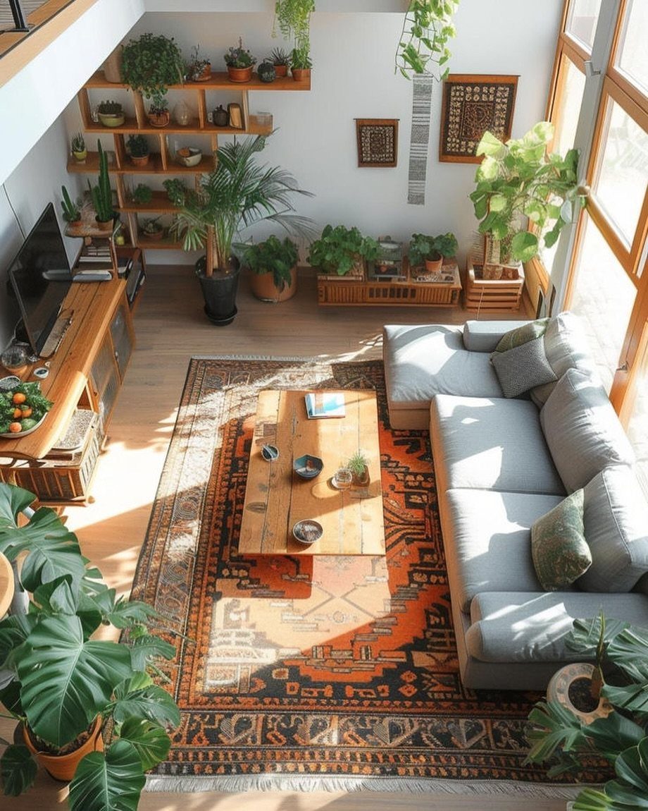 15 Living Room Natural Design Ideas with Organic Style 16 Bright living room with grey sofa, orange patterned rug, and many green potted plants.