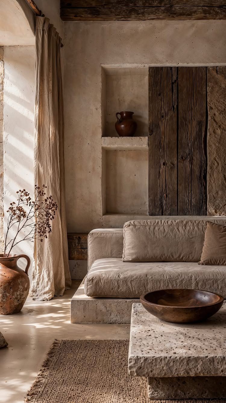 15 Living Room Natural Design Ideas with Organic Style 4 Linen sofa and stone coffee table in a room with natural textures and materials.