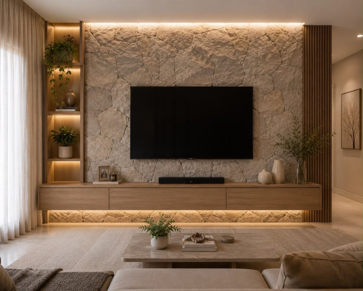 15 Living Room Natural Design Ideas with Organic Style 11 Natural stone accent wall behind a television in a neutral modern living room
