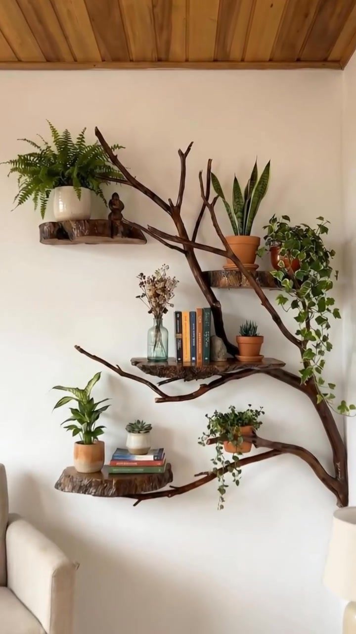 15 Living Room Natural Design Ideas with Organic Style 8 Tree branch wall shelves holding various potted green plants and books on white wall